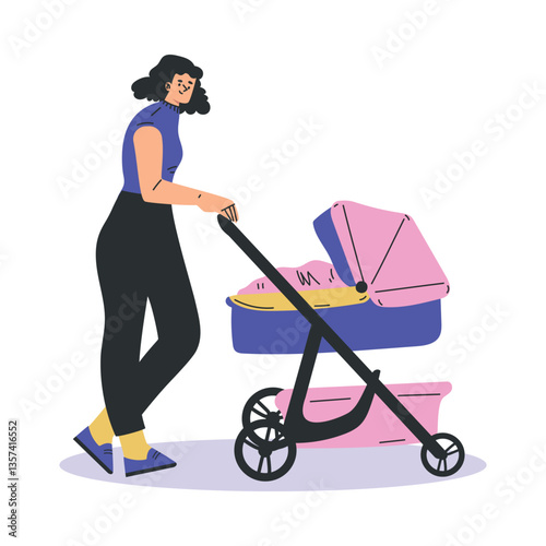 Young Woman Parent Walking with Baby Carriage Vector Illustration