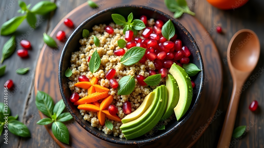 Nutritious Quinoa Bowl with Pomegranate, Avocado, and Carrots on Wooden Surface Nutritious Quinoa Bowl with Pomegranate, Avocado, and Carrots on Wooden Surface