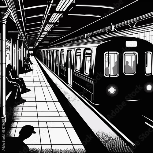 Black and white silhouette of a train at a metro station. Vector graphics. EPS.2.
