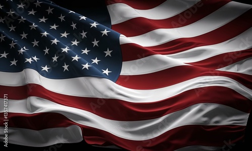 American flag background with dramatic lighting, waving United States national flag with fabric texture, cinematic patriotic banner for Memorial Day and Fourth of July celebrations