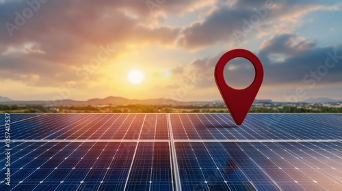 A location pin embedded in a natural landscape with solar panels, symbolizing sustainable energy