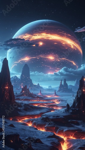 Vibrant Cosmic Landscape with Glowing Planet and Dramatic Night Sky