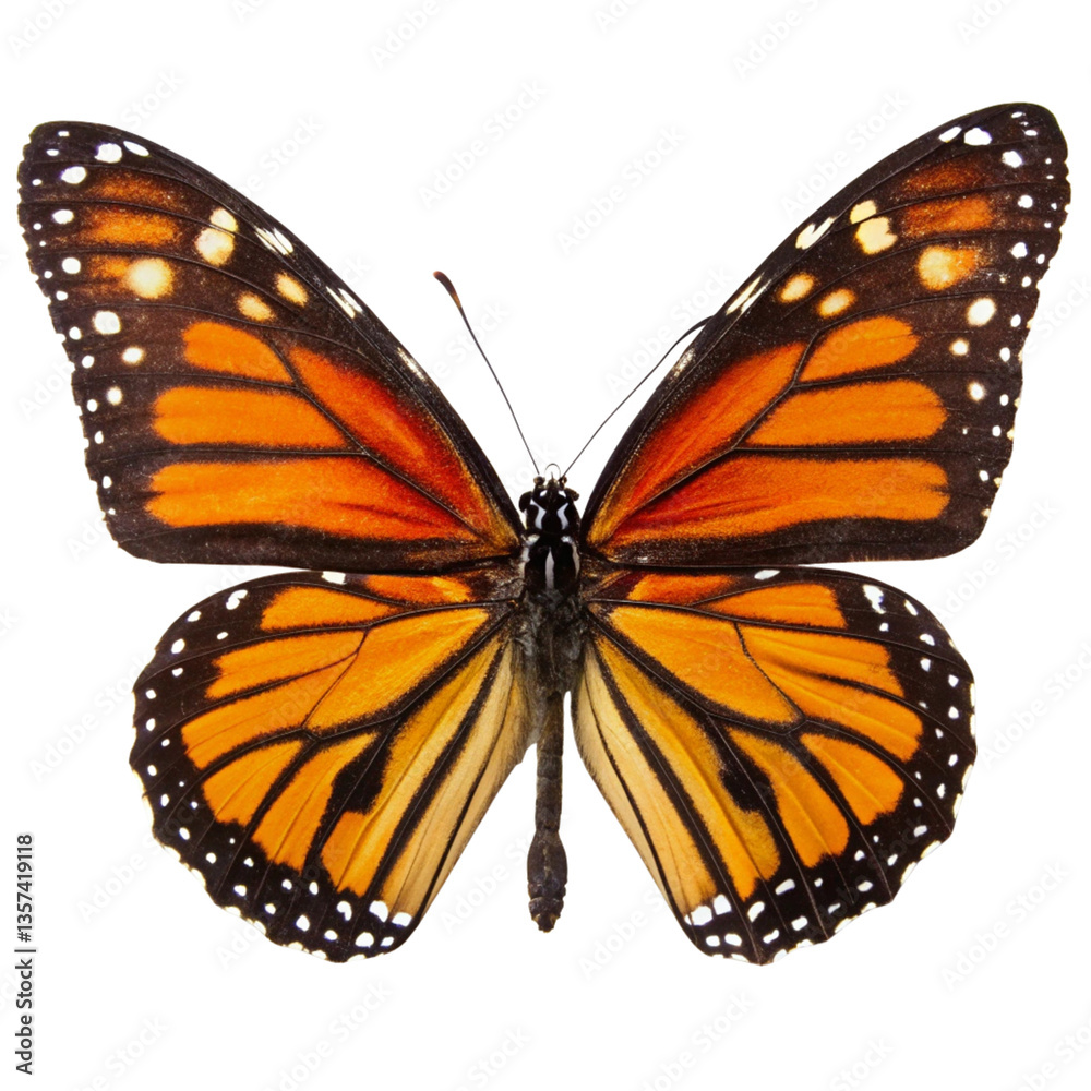 Obraz premium Spectacular Monarch Butterfly Wings Displaying Vibrant Orange Black and White Patterns on a Black Background