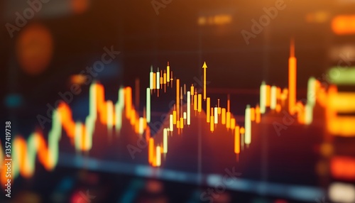 Close up view of a financial chart with an upward arrow and candlestick patterns in orange and yellow hues