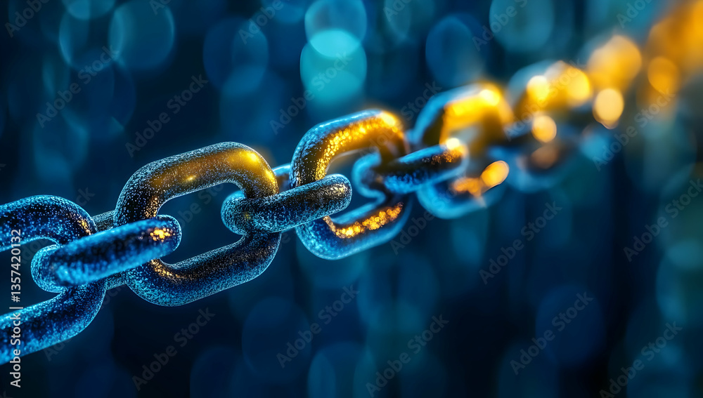 Close-up of a metallic chain with vibrant lighting in shades of blue and orange, symbolizing connection and strength. Close-up of a metallic chain with vibrant lighting in shades of blue and orange, symbolizing connection and strength.