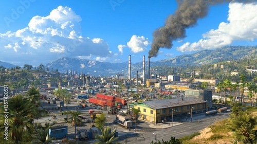 Industrial complex polluting sunny mountain valley
