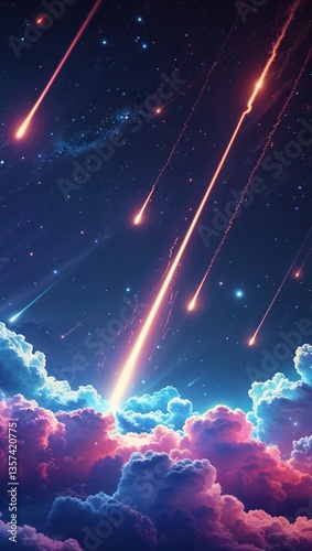 Celestial Meteor Shower Over a Dreamy Twilight Sky with Colorful Clouds and Stars