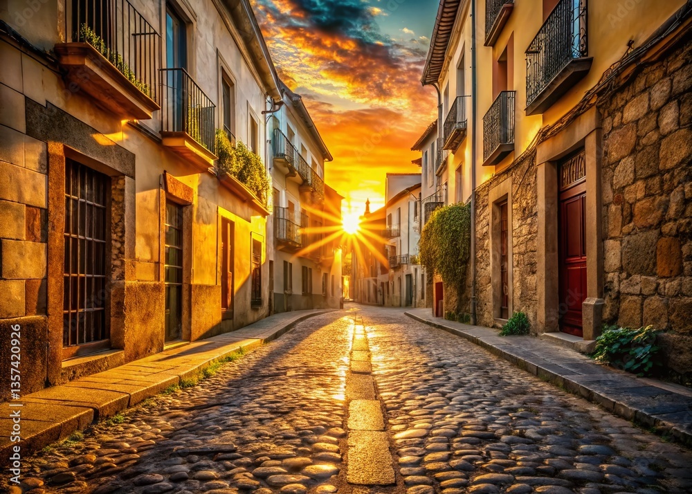 Fototapeta premium Vintage Spanish Street Scene: Sun-Drenched Architecture and Cobblestone Streets