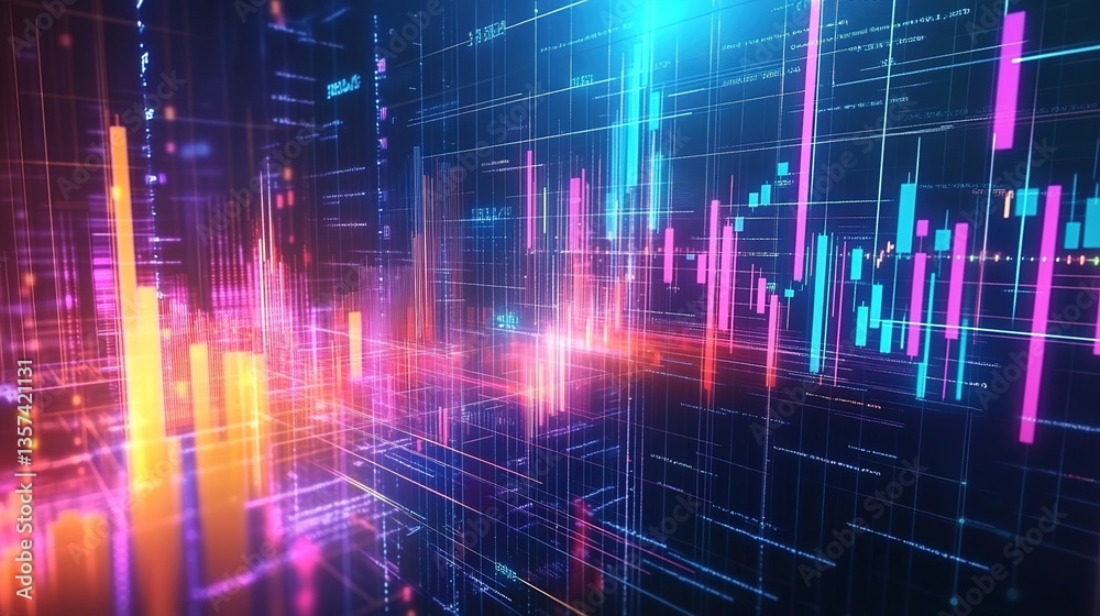 A digital art illustration of a digital data visualization scene, dark background with blue, pink, and orange bar graphs and lines, symbolizing data analysis or stock trading A digital art illustration of a digital data visualization scene, dark background with blue, pink, and orange bar graphs and lines, symbolizing data analysis or stock trading