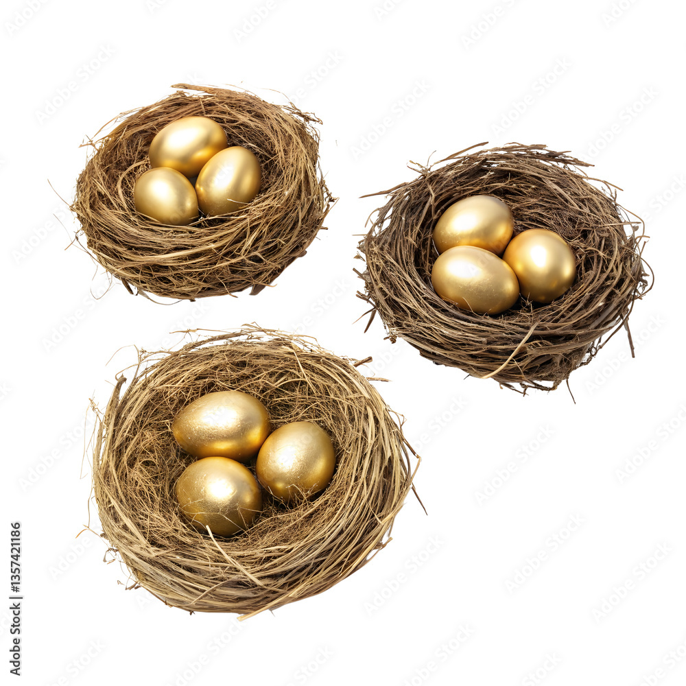 Three nests brimming with golden eggs, a symbol of wealth and prosperity, nestled in rustic twigs against a clean white backdrop. Three nests brimming with golden eggs, a symbol of wealth and prosperity, nestled in rustic twigs against a clean white backdrop.