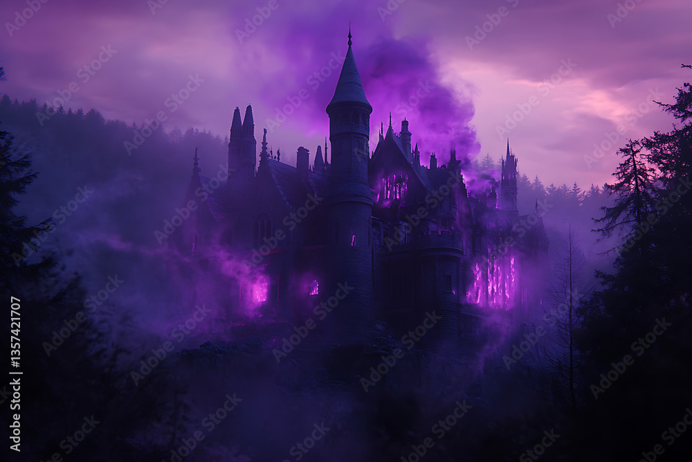 Mysterious Gothic Castle Surrounded by Ethereal Purple Mist at Dusk with Enigmatic Atmosphere Mysterious Gothic Castle Surrounded by Ethereal Purple Mist at Dusk with Enigmatic Atmosphere