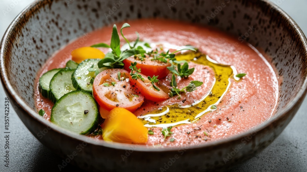 Delicious Bowl of Fresh Tomato and Cucumber Soup with Vibrant Colors Delicious Bowl of Fresh Tomato and Cucumber Soup with Vibrant Colors