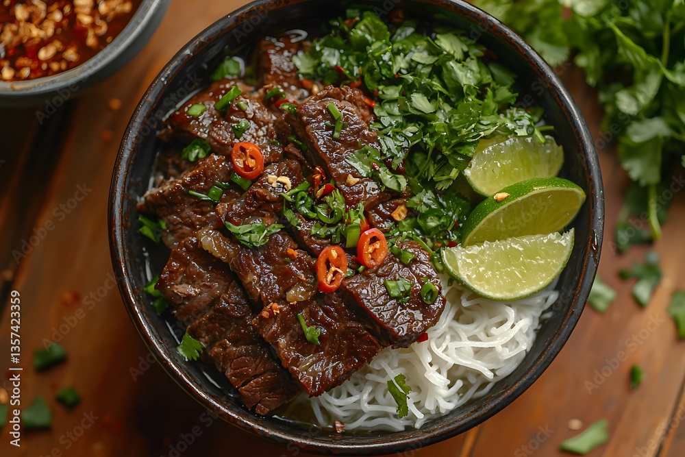 Savory bowl of Vietnamese pho with beef, fresh herbs, and lime wedges. Generative AI Savory bowl of Vietnamese pho with beef, fresh herbs, and lime wedges. Generative AI