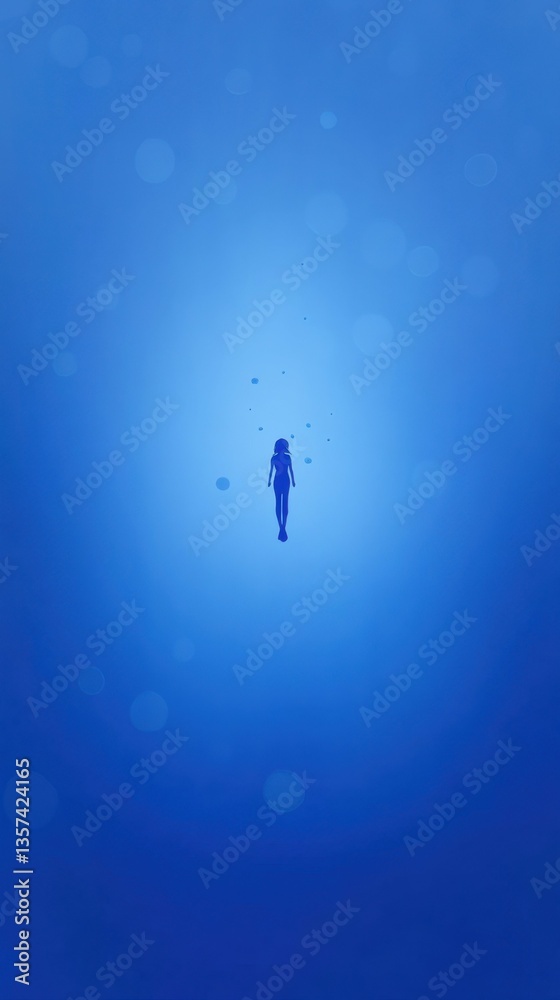 Fototapeta premium Deep sea diver amidst bioluminescent plankton with glowing light