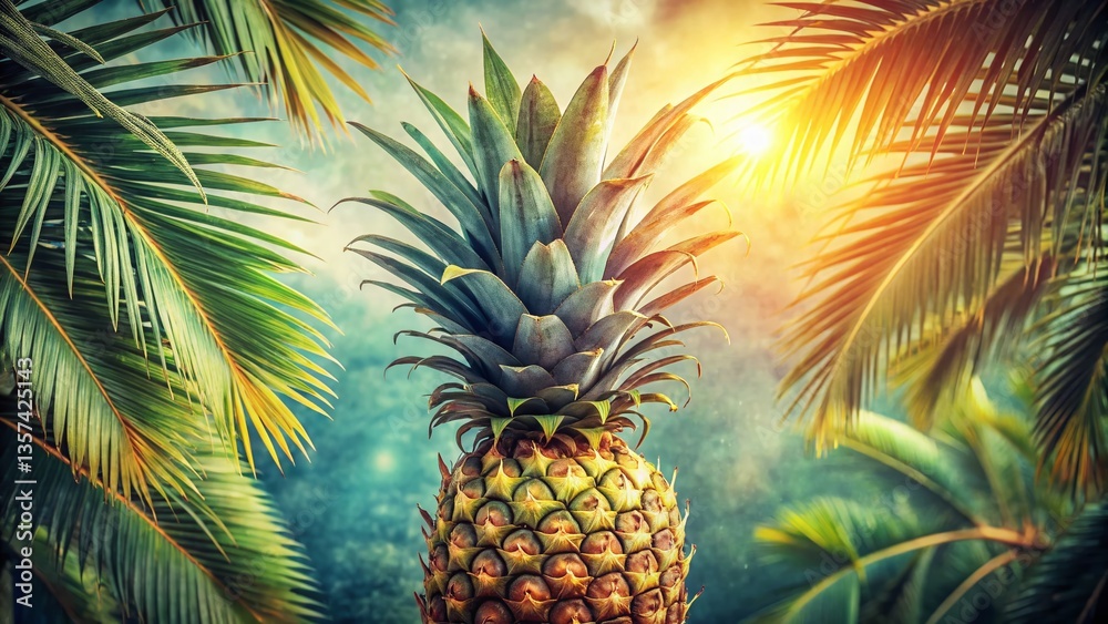 Fototapeta premium Vintage Style Pineapple Palm Tree Stock Photo - Tropical Paradise