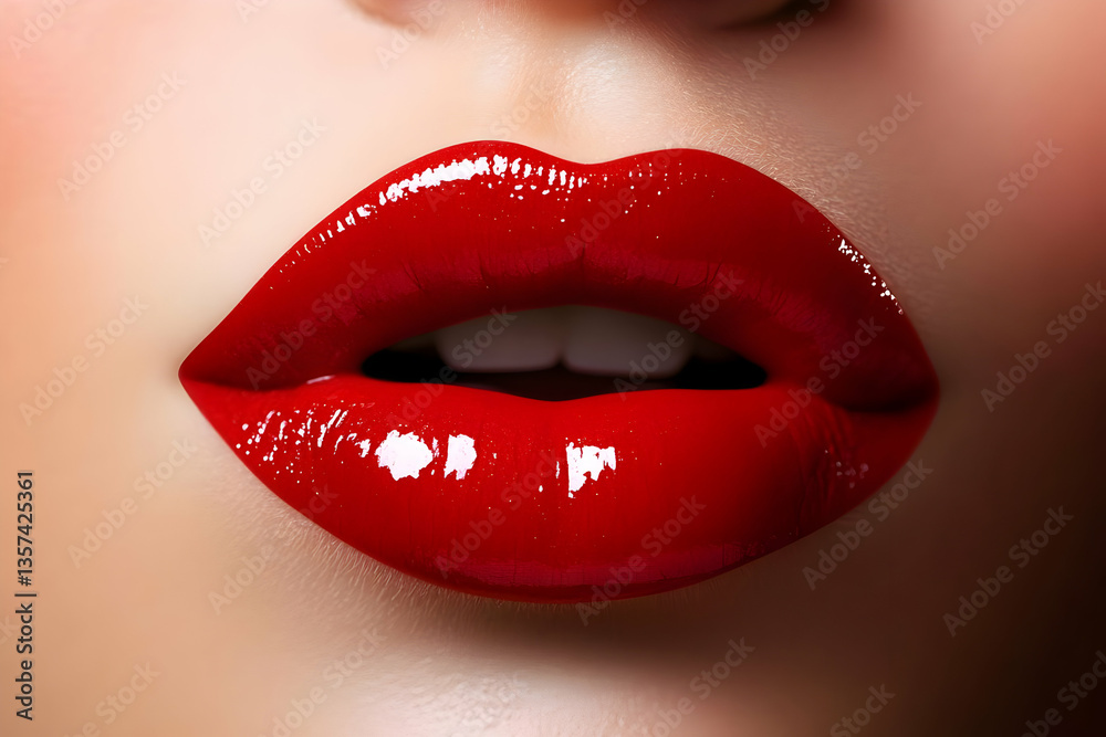 Obraz premium Close-up of glossy red lips, showcasing beauty and elegance for fashion and makeup themes.