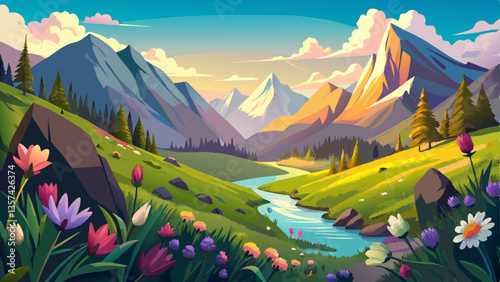 peaceful alpine valley with blooming meadows and towering peaks under the soft glow of spring sunlight