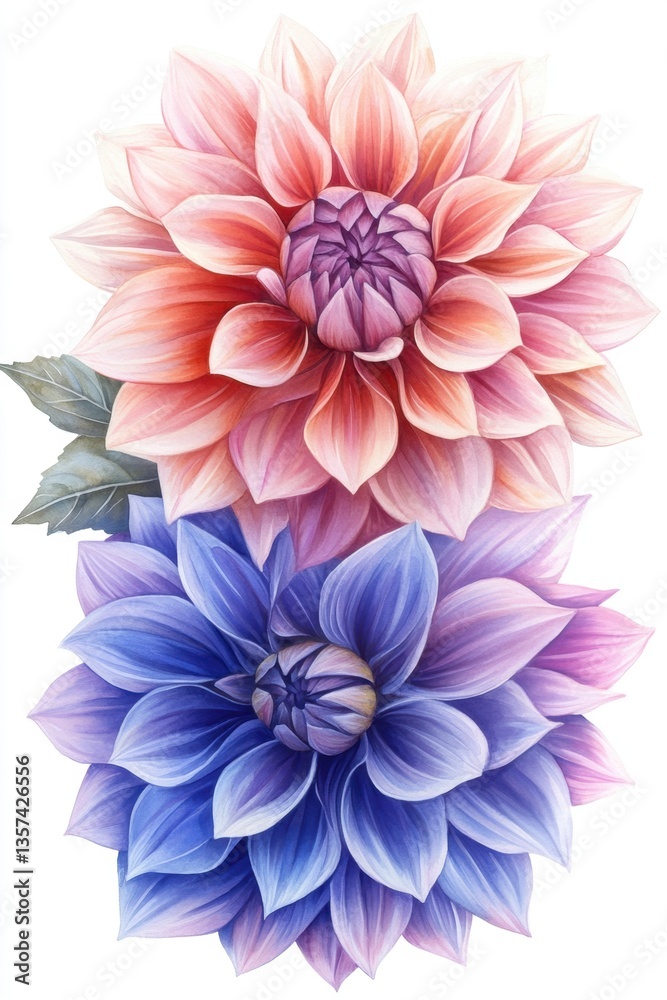 Fototapeta premium Two Elegant Dahlia Blooms in Watercolor Style with Soft Pastel Tones on White Background for Floral Design