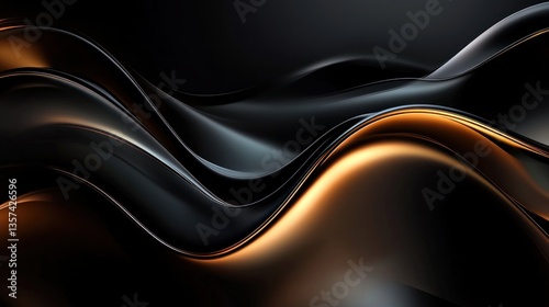 Abstract wave pattern with dynamic contrast black glossy gradient surfaces and golden light shimmer