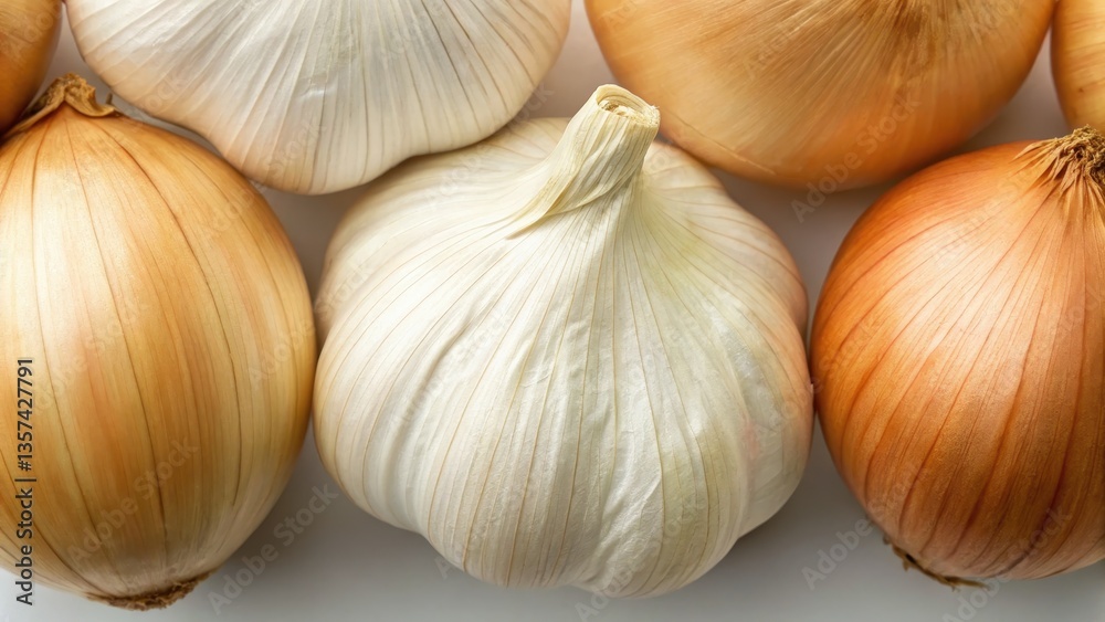 Obraz premium Healthy diet nutrition for longevity, Fresh onions arranged neatly, showcasing their natural textures and colors.