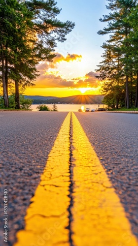 Futuristic shapechanging metal road at sunset photo