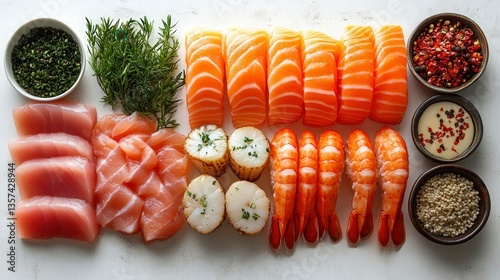 Overhead Arrangement Of Assorted Seafood With Herbs And Spices