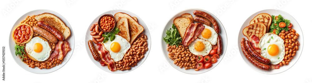 Fototapeta premium Delicious breakfast spread featuring eggs, sausages, bacon, beans, and toast, perfect for hearty meal, transparent background.