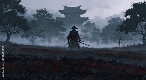 Lone samurai warrior standing in misty battlefield with ancient Japanese temple background. Anime Wallpaper