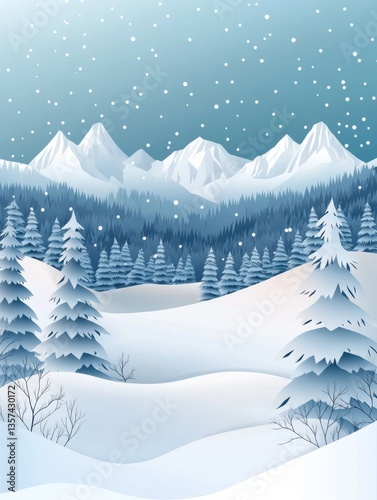Serene winter landscape showcasing snowy mountains and pine trees under a soft blue gradient sky with layered paper cut style effect Generative AI