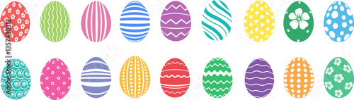 Cartoon colorful Easter eggs vector set . Collection of Easter eggs simple icons. Painted icons of eggs with ornament in flat design .Happy Easter decoration .	