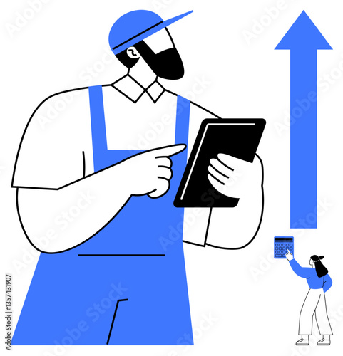 Worker in overalls uses a tablet, pointing at it thoughtfully. Large upward arrow symbolizes growth. Small figure with board highlights teamwork and organization. Ideal for productivity, teamwork