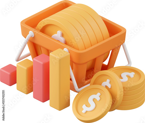Bar chart with coin in basket, 3d illustration of Icon affiliate marketing
