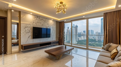 A photographic illustration of a modern living room with a beige sofa, wooden coffee table, and large TV, large floor-to-ceiling windows in the background showing a city skyline