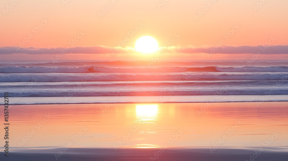 Obraz premium Peaceful sunrise over ocean waves reflecting on wet sand.