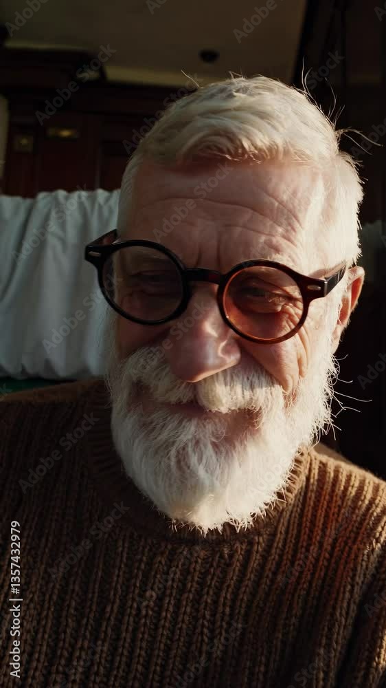 Close-up video of a smiling elderly man with glasses on a train, captured from a low angle, highlighting a nostalgic and warm atmosphere. Close-up video of a smiling elderly man with glasses on a train, captured from a low angle, highlighting a nostalgic and warm atmosphere.