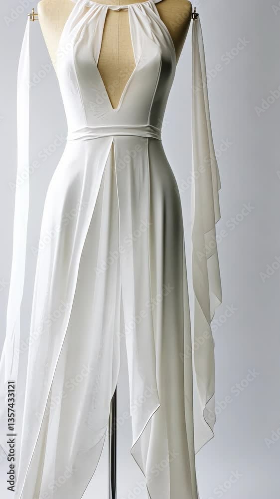 Elegant white dress displayed on a mannequin in a soft studio setting, showcasing flowing design and modern style Elegant white dress displayed on a mannequin in a soft studio setting, showcasing flowing design and modern style