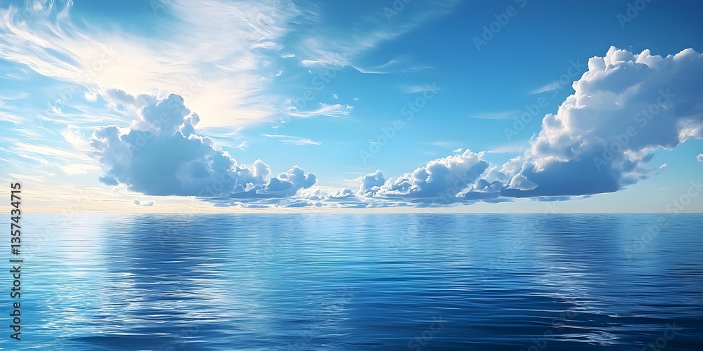 Fototapeta premium Tropical beach panorama, seascape with a wide horizon, showcasing the beautiful expanse of the sky meeting the sea, Peculiar AI generative image