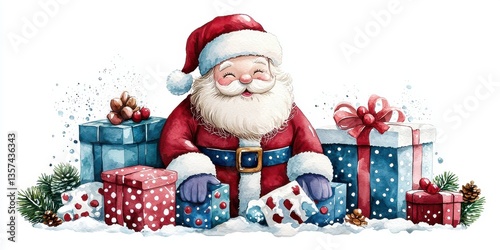 Cheerful Watercolor Illustration of Santa Claus Surrounded by Beautifully Wrapped Presents in Festive Holiday Colors