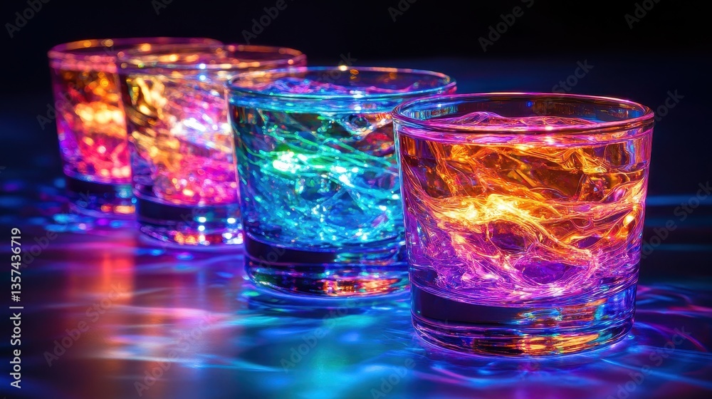 Clear glassware containing luminous solutions glowing faintly in gradient patterns Clear glassware containing luminous solutions glowing faintly in gradient patterns