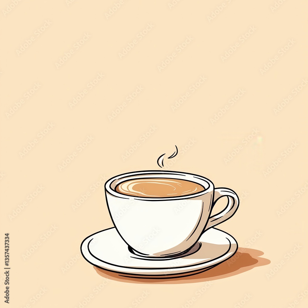 Obraz premium Simple line drawing of steaming cup of caramel macchiato with gentle steam swirls on a saucer against pale peach background