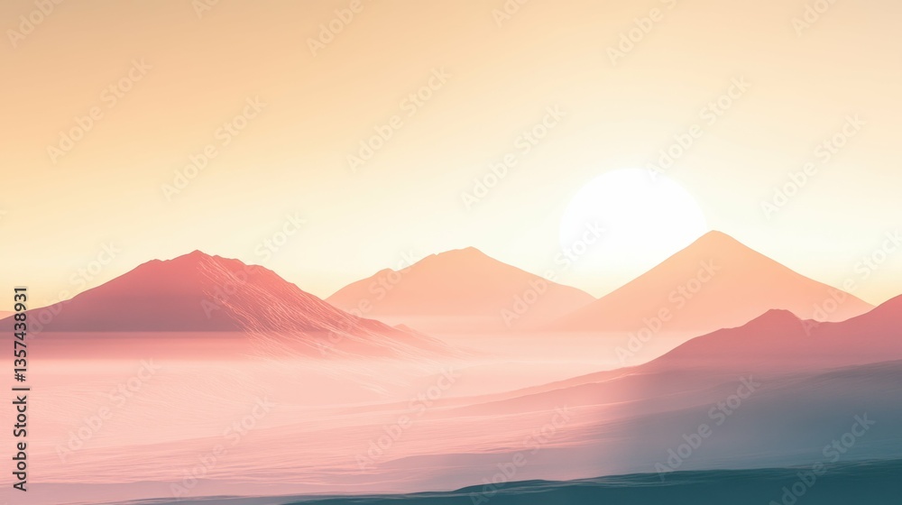 Fototapeta premium Mountain valley with ancient lava flows and subtle pink and yellow hues