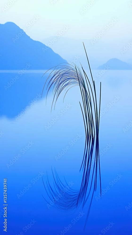 Obraz premium Serene nighttime riverside with glowing grass and vibrant blue light reflection