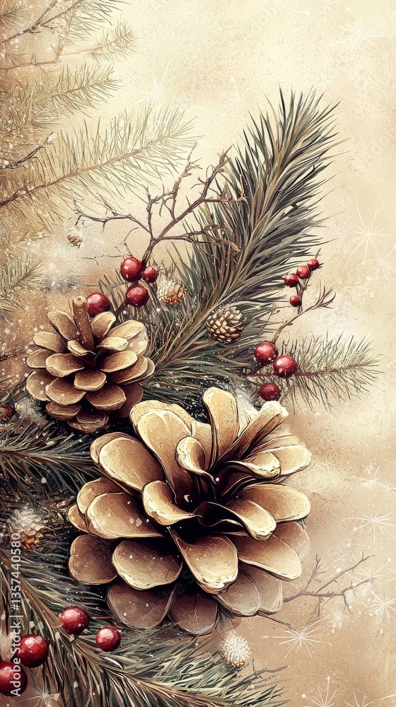 Fototapeta premium Friends Gather Under Twinkling Lights Surrounded by Snow-Dusted Pine Cones Evergreen Sprigs and Cheerful Laughter in Winter