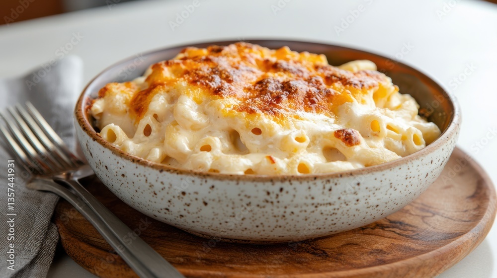 Delicious Bowl of Macaroni and Cheese with Fork on Rustic Wooden Board Delicious Bowl of Macaroni and Cheese with Fork on Rustic Wooden Board