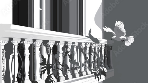 A grayscale illustration depicting a bird, possibly a pigeon, in mid-flight from a balcony. The balcony features an ornate balustrade with detailed columns. The background shows a portion of a
