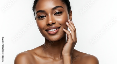 Radiant Skincare Confidence	A natural beauty moment: a woman applies skincare cream with a joyful expression, symbolizing self-care and healthy skin