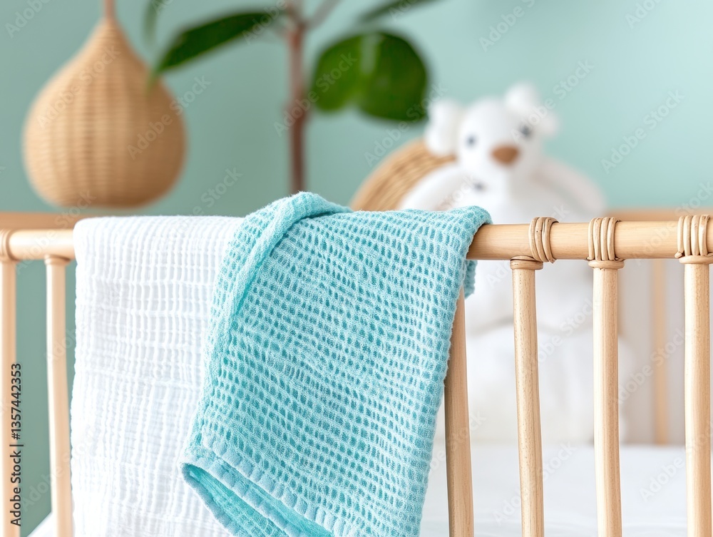soft cotton baby blankets hanging on wooden crib in mint green nursery with cozy natural decor