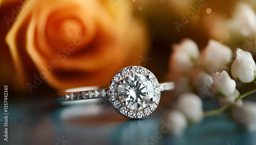 Elegant diamond ring surrounded by beautiful flowers, perfect for showcasing romance and beauty in photography.