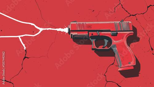 The image features a stylized illustration of a red handgun lying on a red, cracked surface.  A stylized white bolt of energy or lightning emanates from the barrel of the gun. The overall style is