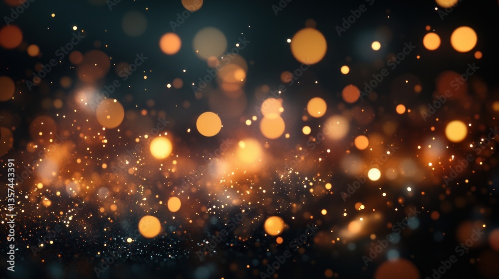 Fototapeta premium Glowing amber bokeh and dreamy ethereal sparkles floating on a dark gradient background that creates a dynamic magical festive ambiance